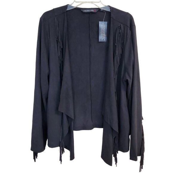 NEW Colleen Lopez Faux Suede Fringe Sleeves Open Front Jacket Waterfall Front M - Picture 2 of 9